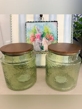 Set of 2 Green Glass Canisters w/ Wood Lids | Kitchen Storage Jars | Aesthetic